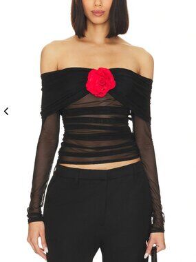 Amanda Uprichard x Revolve Nellia Mesh Black Off-Shoulder Top w Red Flower -sz M